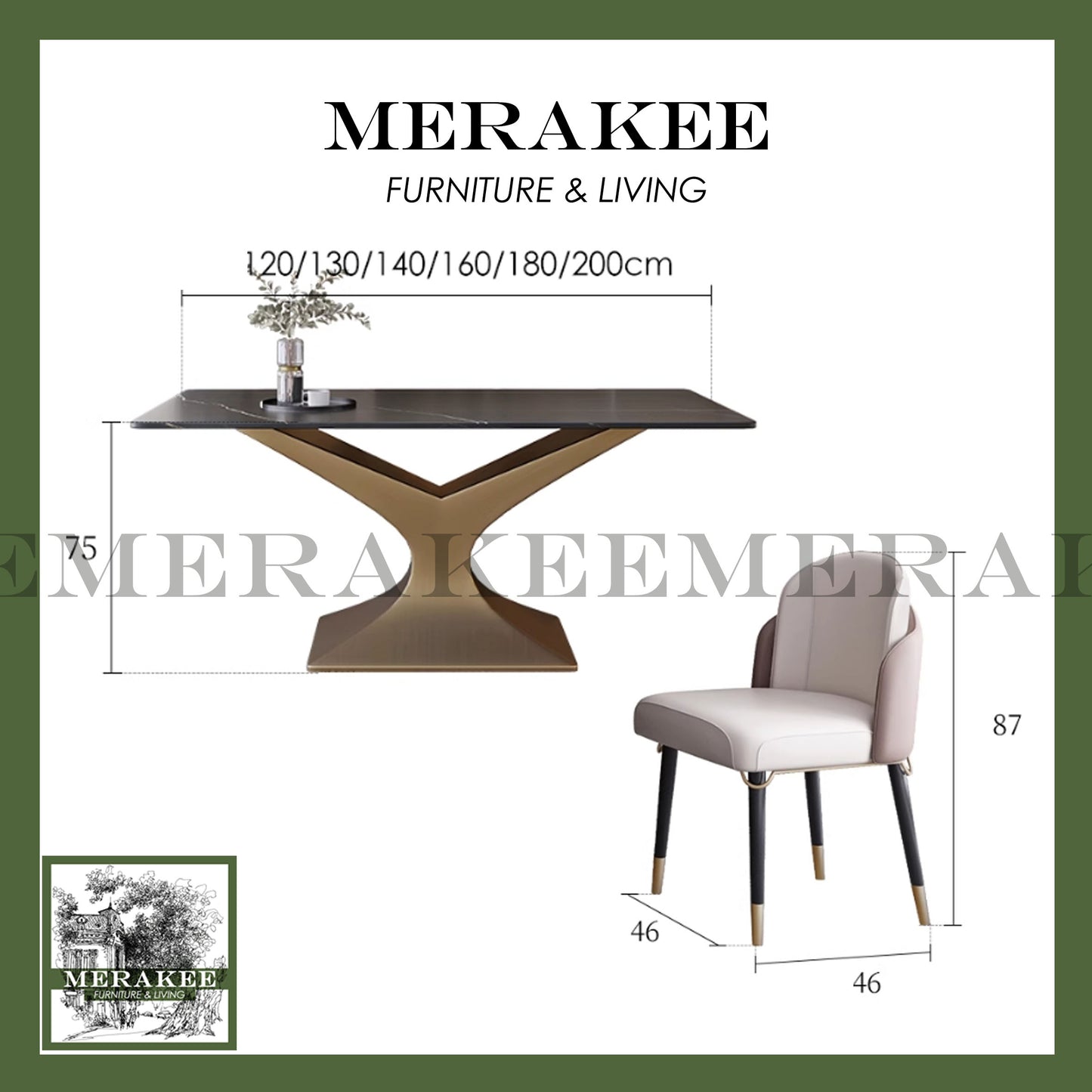 MERAKEE Customized Marble Like Sintered Stone Dining Table Gold Stainless Steel Dining Room Furniture PV34