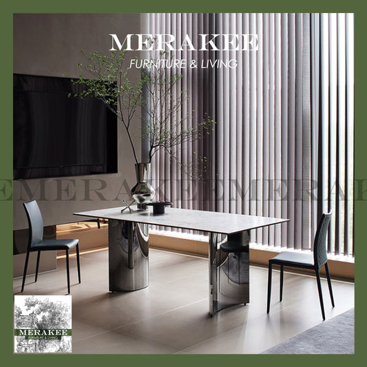 MERAKEE Customized Marble Like Sintered Stone Dining Table Stainless Steel Stand Dining Room Furniture F12