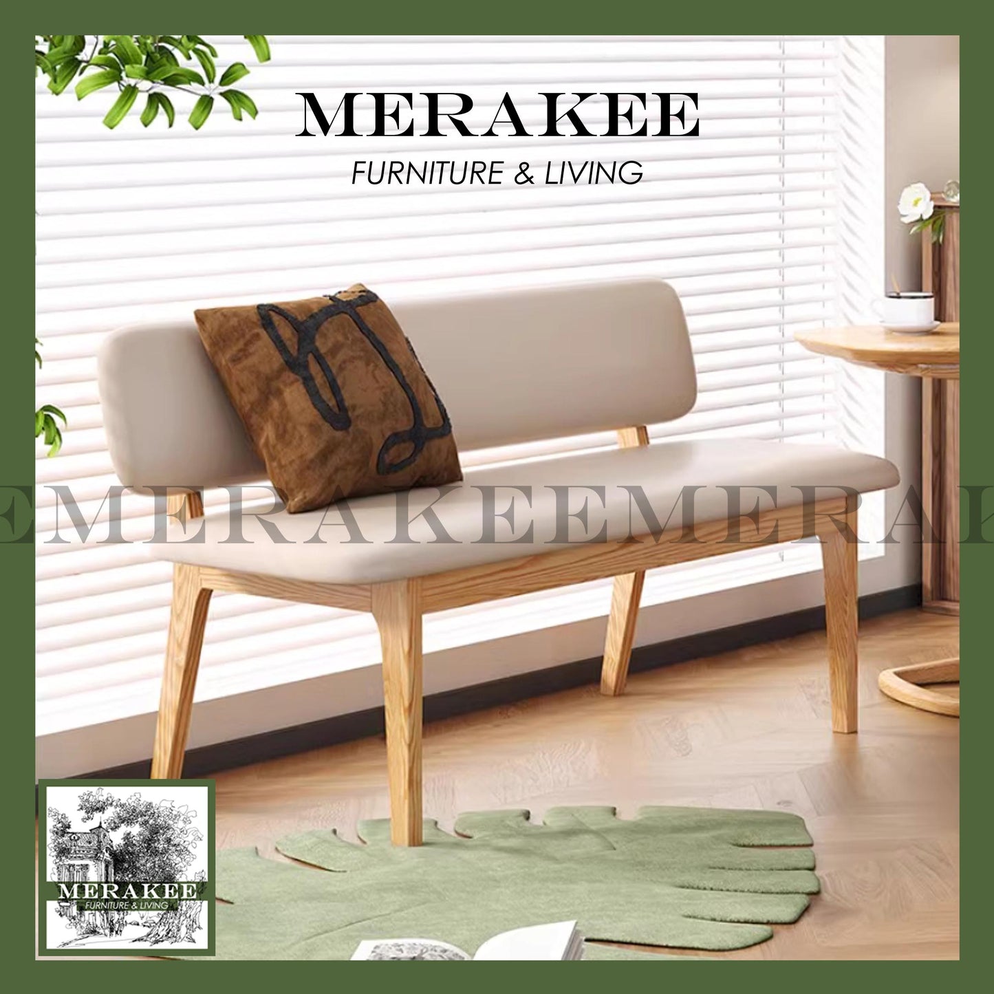 *Ready Stock* MERAKEE Dining Bench Solid Ash Wood Pu Leather Dining Room Furniture B42