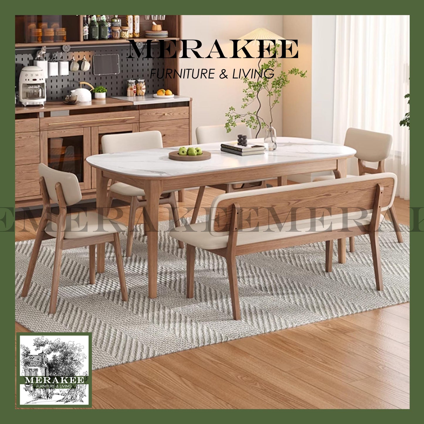 *Ready Stock* MERAKEE Dining Bench Solid Ash Wood Pu Leather Dining Room Furniture B42