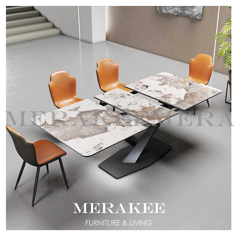 MERAKEE Extendable Customized Marble Like Sintered Stone Dining With Cross Stand Table Dining Room Furniture F24