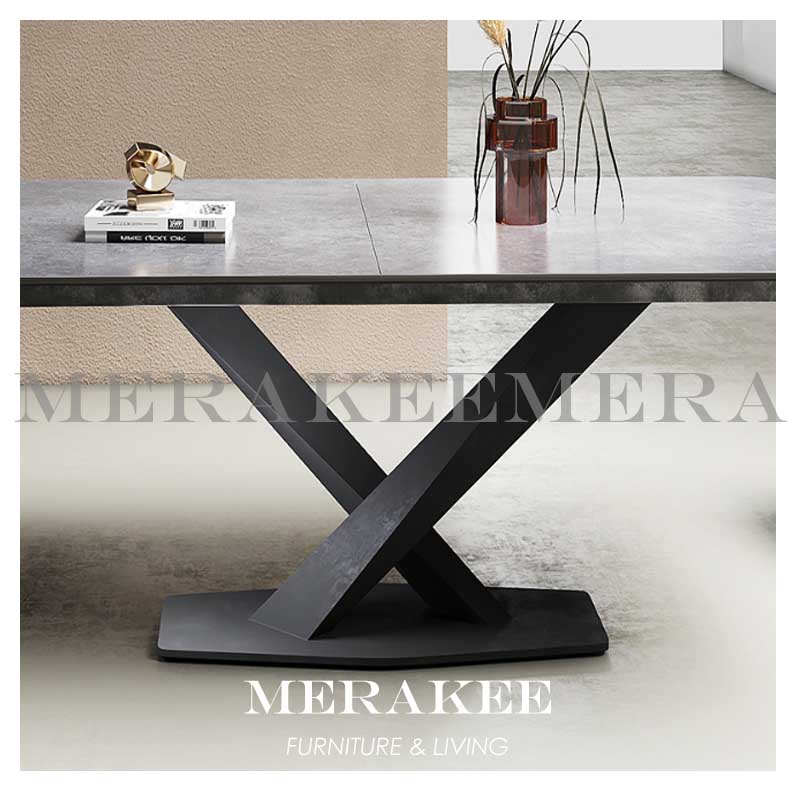 MERAKEE Extendable Customized Marble Like Sintered Stone Dining With Cross Stand Table Dining Room Furniture F24