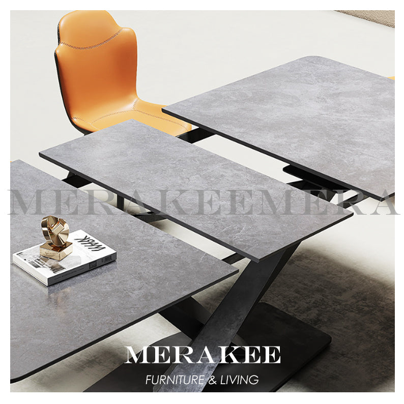 MERAKEE Extendable Customized Marble Like Sintered Stone Dining With Cross Stand Table Dining Room Furniture F24