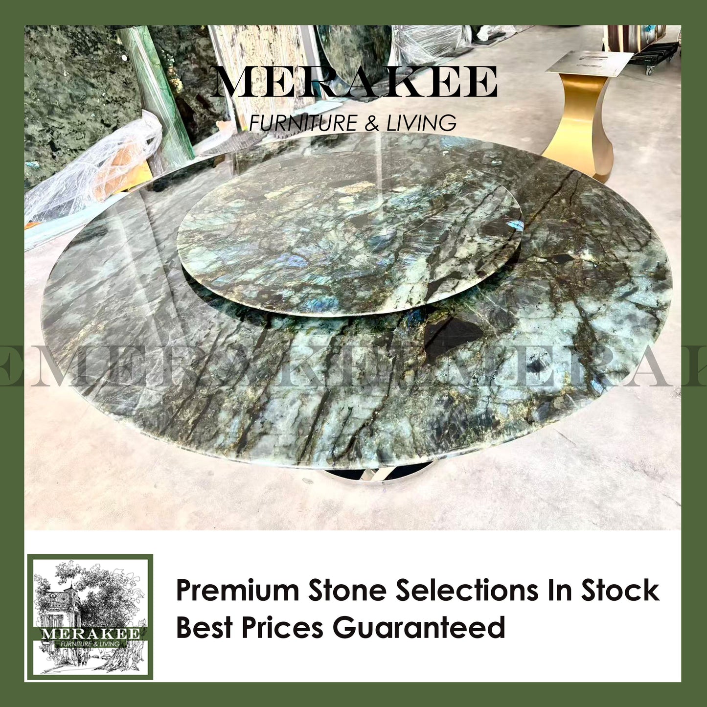 FINAL SALE! Dia1.6m Natural Brazilian Labradorite Marble "In Stock With Most Selections In Singapore" From Brazil Customization For Dining Coffee Side Table Feature Wall Granite Stone Real Marble - Blue Emerald