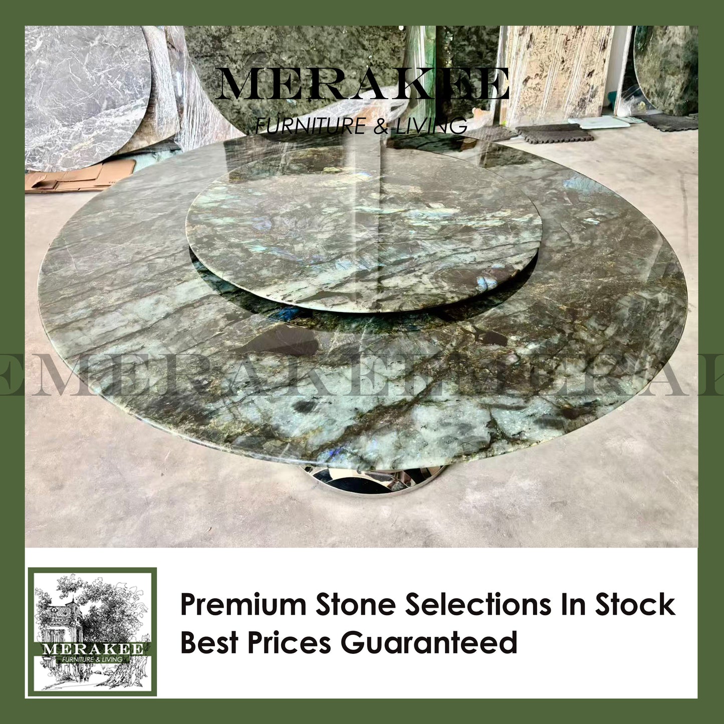FINAL SALE! Dia1.6m Natural Brazilian Labradorite Marble "In Stock With Most Selections In Singapore" From Brazil Customization For Dining Coffee Side Table Feature Wall Granite Stone Real Marble - Blue Emerald