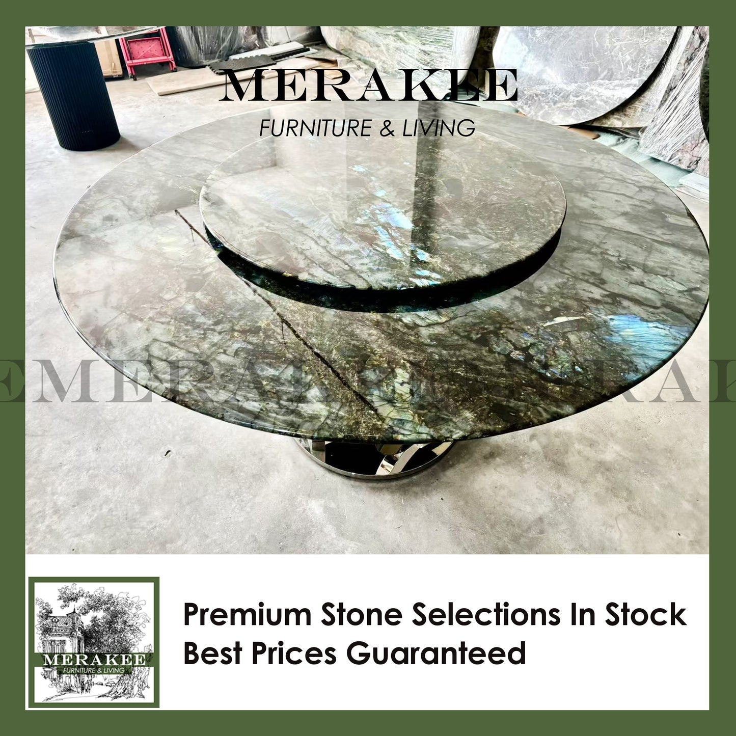 FINAL SALE! Dia1.6m Natural Brazilian Labradorite Marble "In Stock With Most Selections In Singapore" From Brazil Customization For Dining Coffee Side Table Feature Wall Granite Stone Real Marble - Blue Emerald