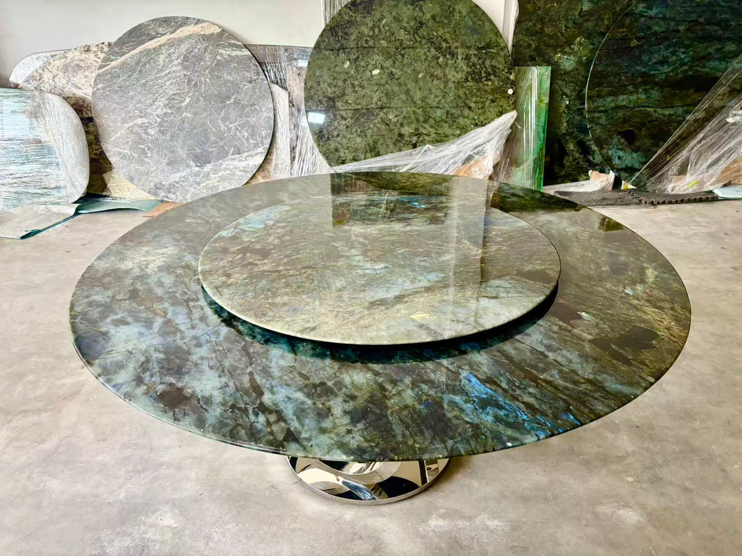 FINAL SALE! Dia1.8m Natural Brazilian Labradorite Marble "In Stock With Most Selections In Singapore" From Brazil Customization For Dining Coffee Side Table Feature Wall Granite Stone Real Marble - Blue Emerald