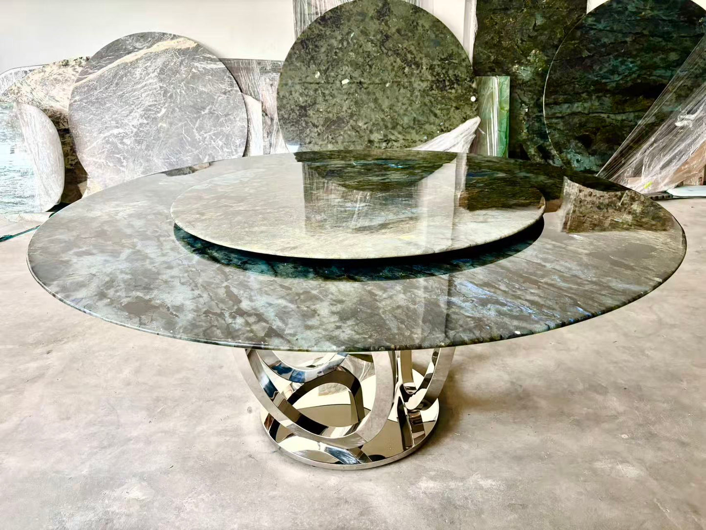 FINAL SALE! Dia1.8m Natural Brazilian Labradorite Marble "In Stock With Most Selections In Singapore" From Brazil Customization For Dining Coffee Side Table Feature Wall Granite Stone Real Marble - Blue Emerald