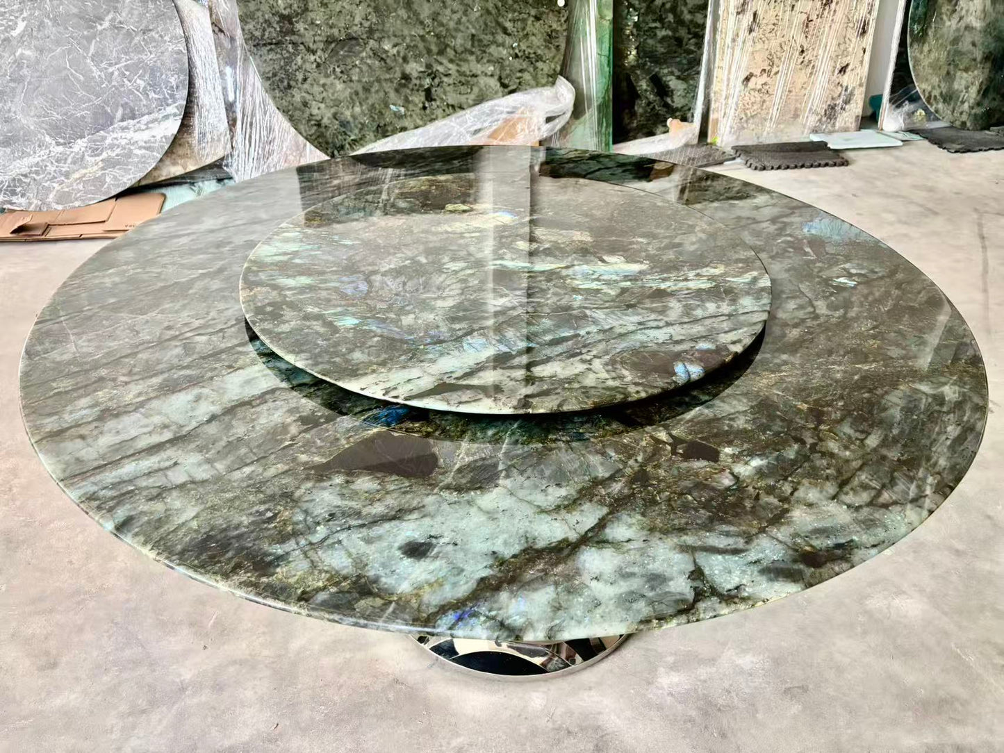 FINAL SALE! Dia1.6m Natural Brazilian Labradorite Marble "In Stock With Most Selections In Singapore" From Brazil Customization For Dining Coffee Side Table Feature Wall Granite Stone Real Marble - Blue Emerald