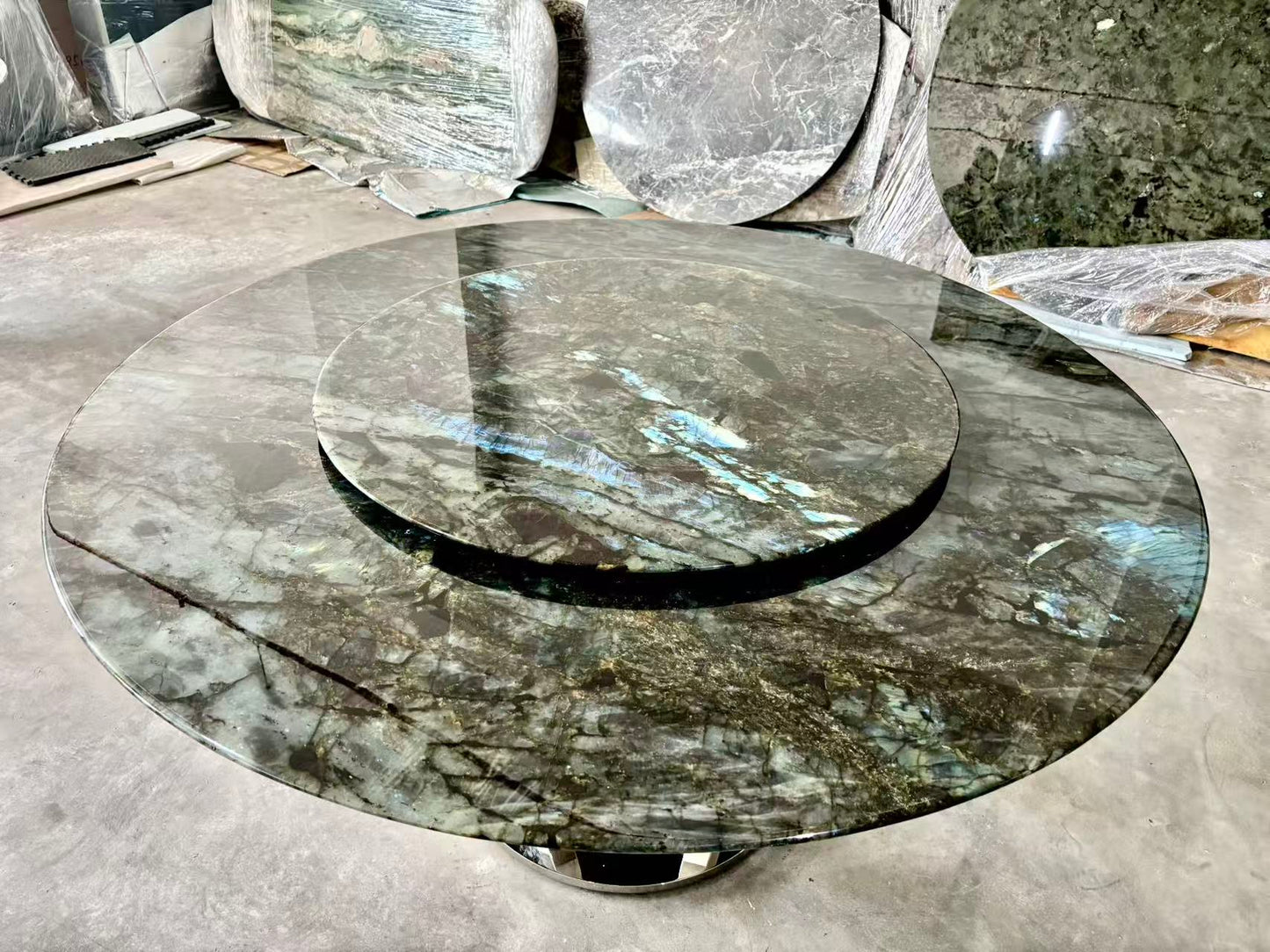 FINAL SALE! Dia1.6m Natural Brazilian Labradorite Marble "In Stock With Most Selections In Singapore" From Brazil Customization For Dining Coffee Side Table Feature Wall Granite Stone Real Marble - Blue Emerald