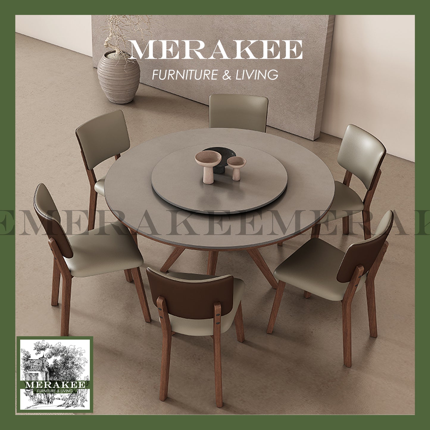 MERAKEE Customized Marble Like Sintered Stone Round With Lazy Susan Solid Ash Wood Stand Dining Table Dining Room Furniture AW10