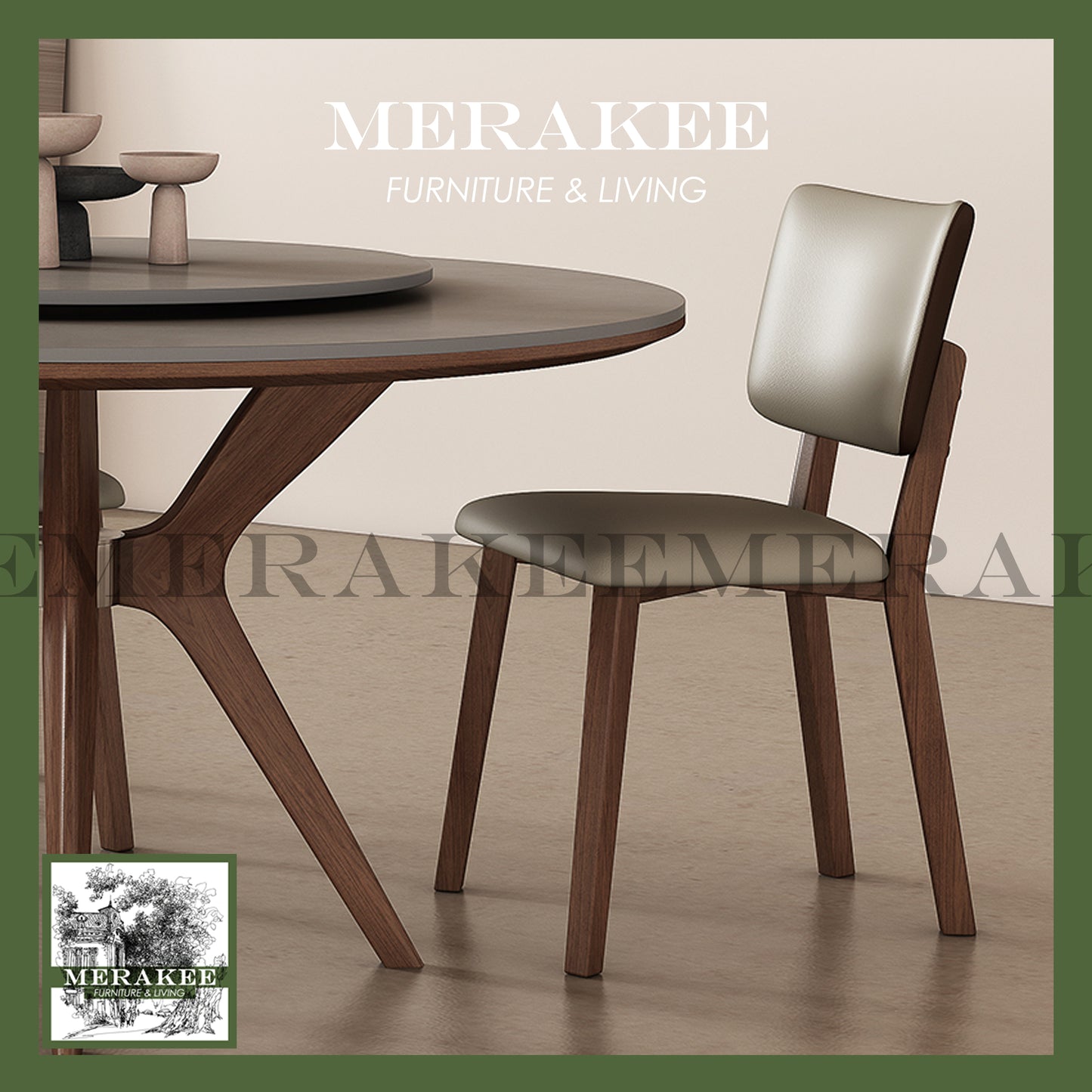 MERAKEE Customized Marble Like Sintered Stone Round With Lazy Susan Solid Ash Wood Stand Dining Table Dining Room Furniture AW10