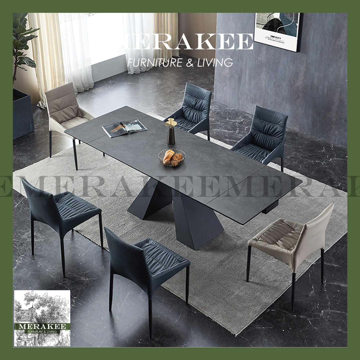 MERAKEE Extendable Large Size Customized Marble Like Sintered Stone Dining Table Dining Room Furniture F202