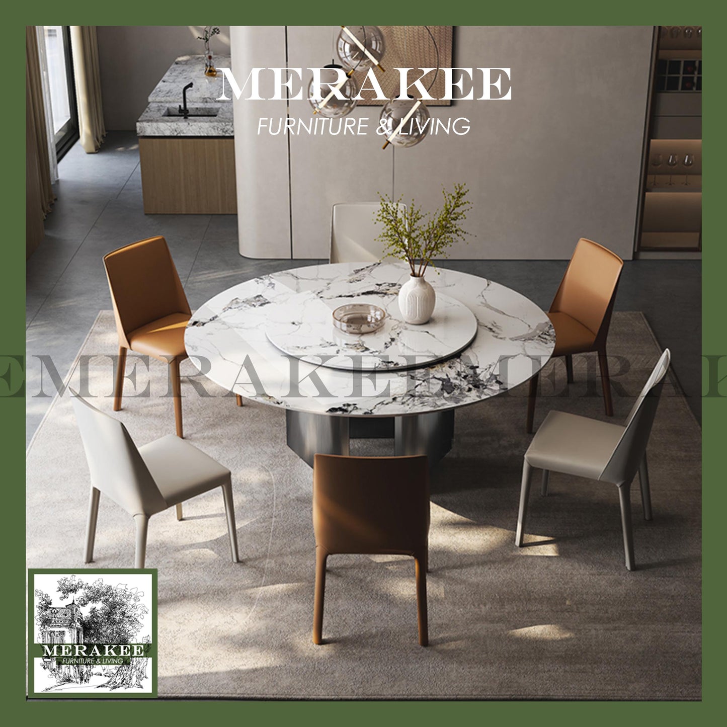 MERAKEE Customized Marble Like Sintered Stone Round Dining Table Stainless Steel Stand Dining Room Furniture F91