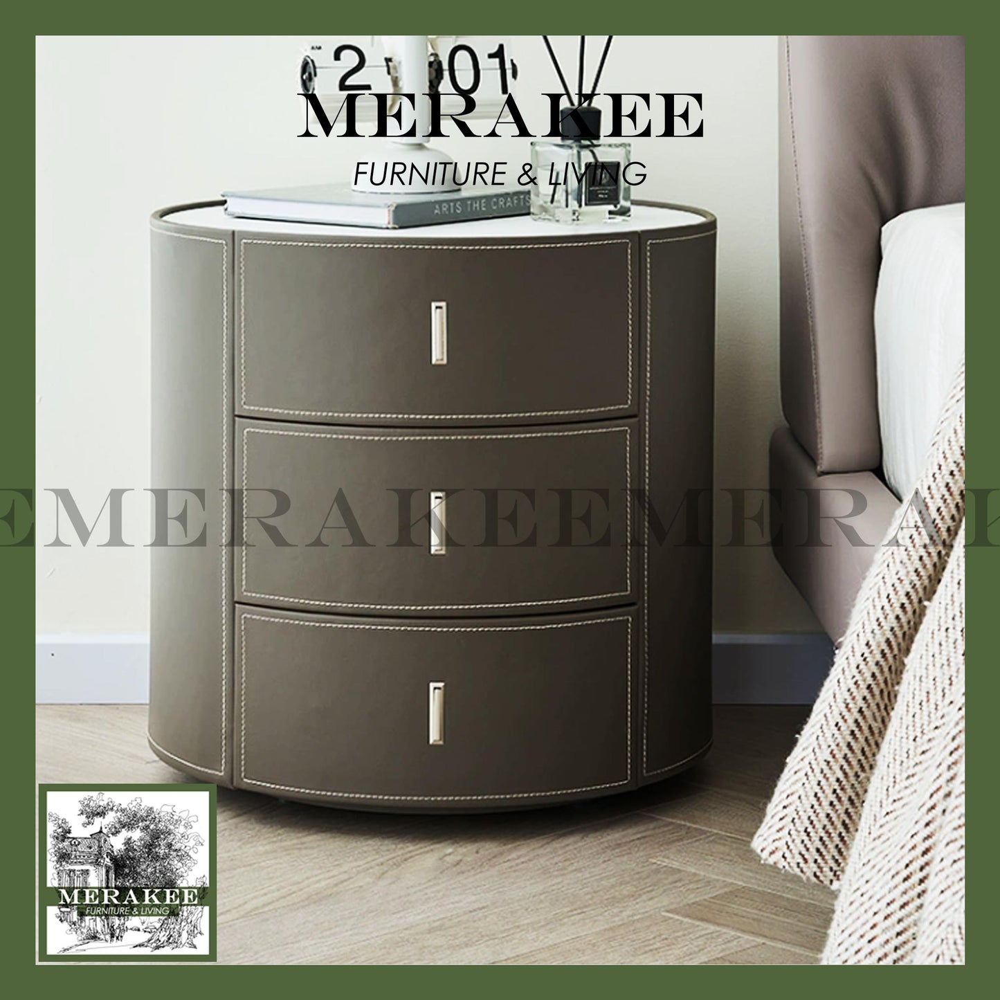 MERAKEE Bedside Table Solid Wood Cabinet Saddle Leather Bedroom Furniture M643