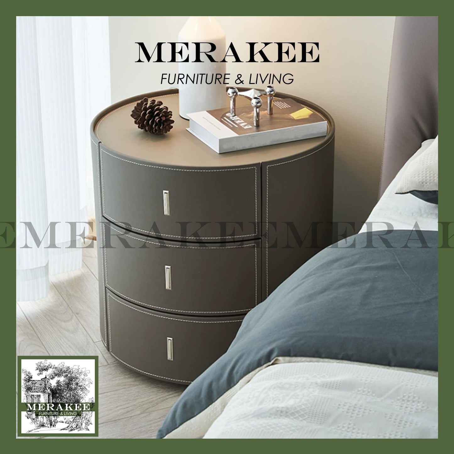 MERAKEE Bedside Table Solid Wood Cabinet Saddle Leather Bedroom Furniture M643