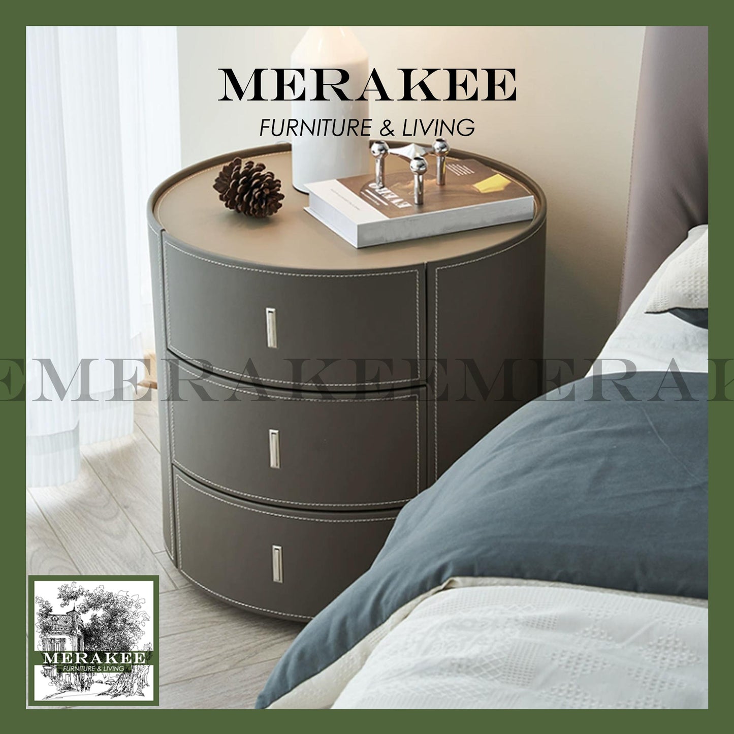 MERAKEE Bedside Table Solid Wood Cabinet Saddle Leather Bedroom Furniture M643