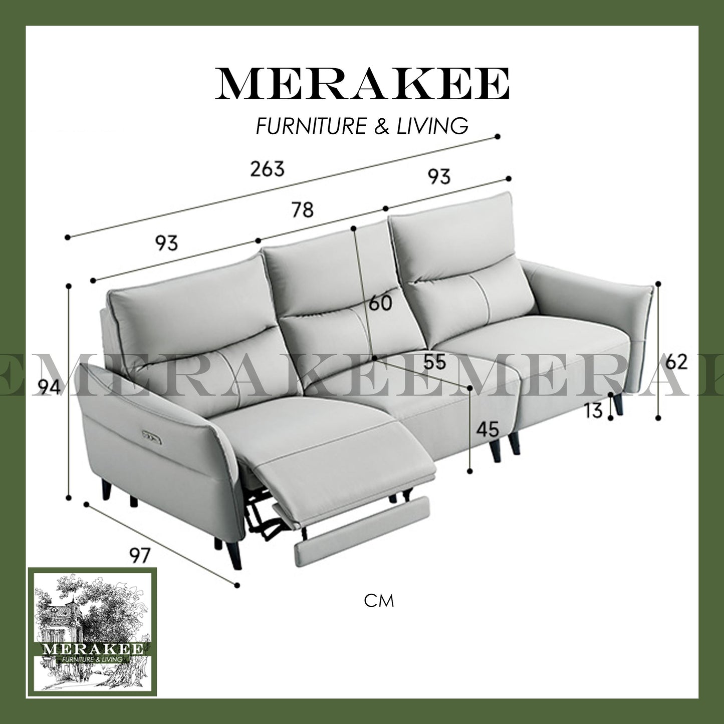 MERAKEE Full-Grain Genuine Leather Electric Recliner sofa 2/3 Seater Color Solution Living Room Furniture XC8820