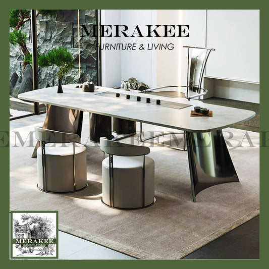 MERAKEE Sintered Stone Dining Table Customization Color Tabletop Stainless Steel Titanium Champagne Gold/Black Electroplated Leg Dining Room Furniture PV59