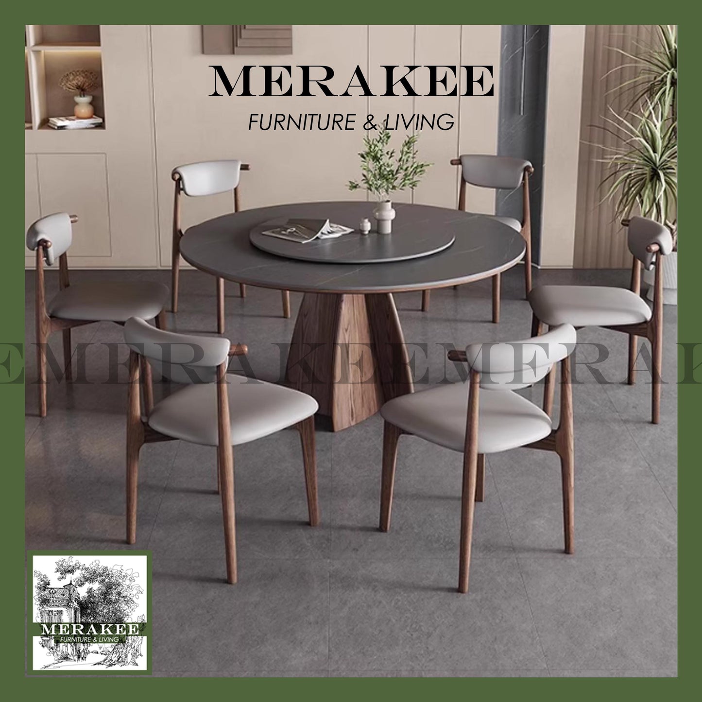 MERAKEE Customized Marble Like Sintered Stone Round With Lazy Susan Solid Ashwood Leg Dining Table Dining Room Furniture AW18