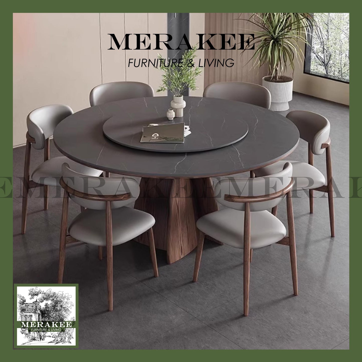 MERAKEE Customized Marble Like Sintered Stone Round With Lazy Susan Solid Ashwood Leg Dining Table Dining Room Furniture AW18