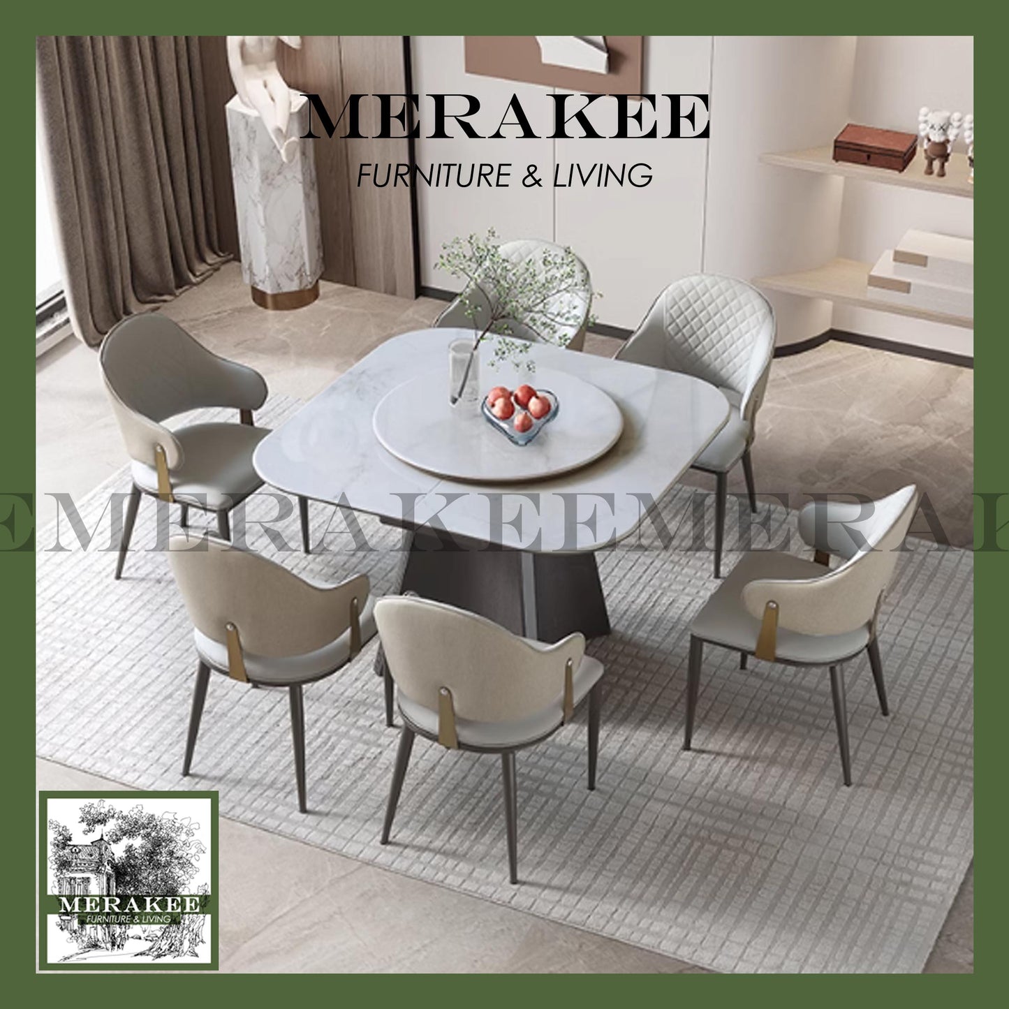 MERAKEE Extendable Square/Round To Oval Customized Color Sintered Stone Marble Like Dining Table With Lazy Susan Dining Room Furniture F46