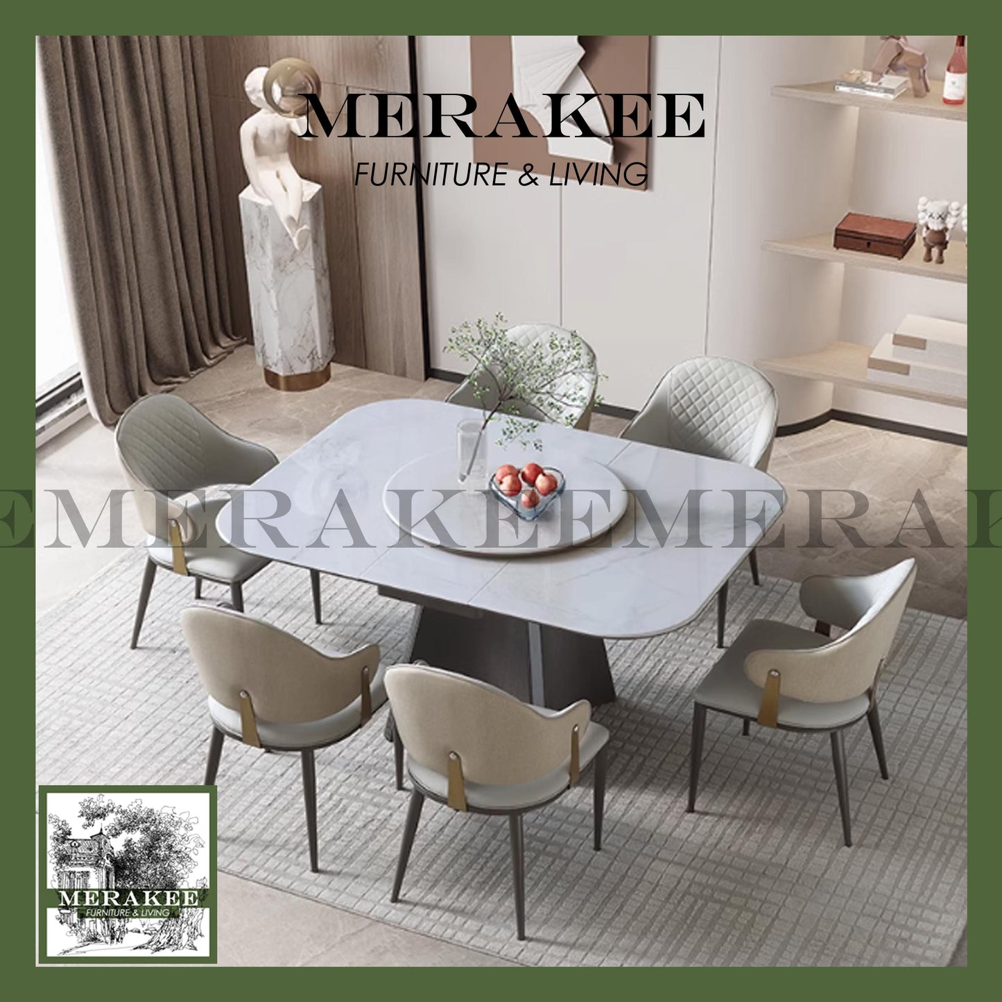 MERAKEE Extendable Square/Round To Oval Customized Color Sintered Stone Marble Like Dining Table With Lazy Susan Dining Room Furniture F46