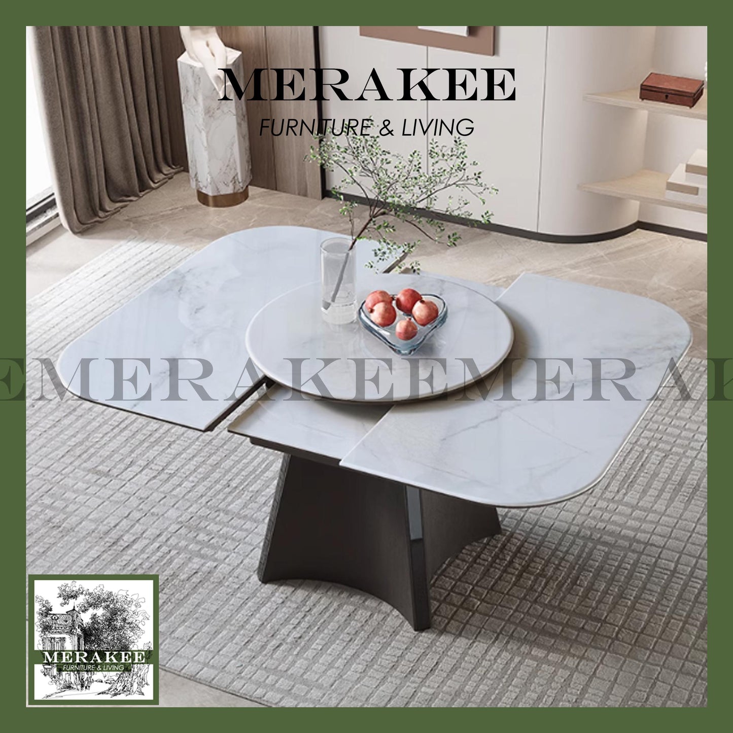 MERAKEE Extendable Square/Round To Oval Customized Color Sintered Stone Marble Like Dining Table With Lazy Susan Dining Room Furniture F46