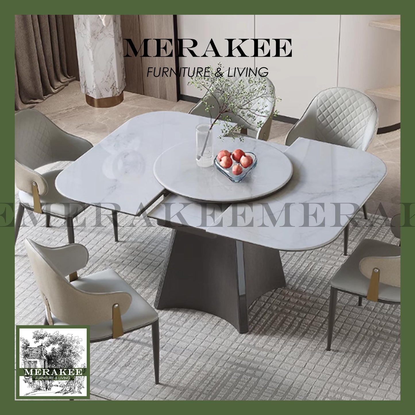 MERAKEE Extendable Square/Round To Oval Customized Color Sintered Stone Marble Like Dining Table With Lazy Susan Dining Room Furniture F46