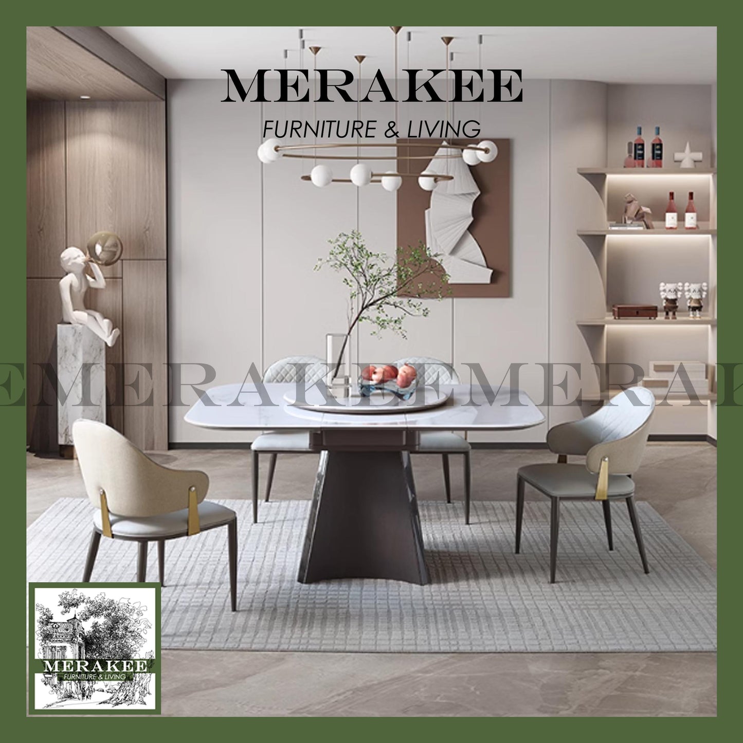 MERAKEE Extendable Square/Round To Oval Customized Color Sintered Stone Marble Like Dining Table With Lazy Susan Dining Room Furniture F46